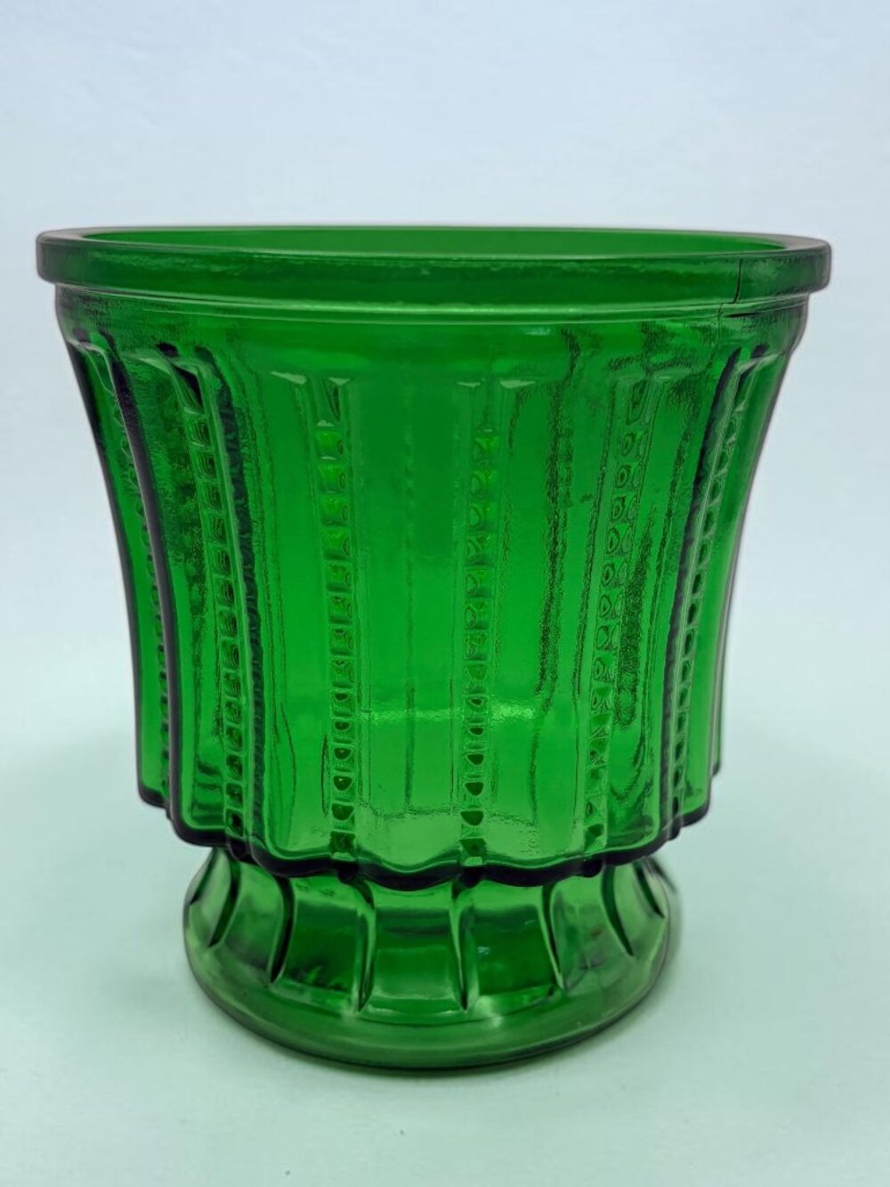 Vintage Emerald Green Glass Footed Vase Ribbed Beaded Pedestal Planter 4.5"